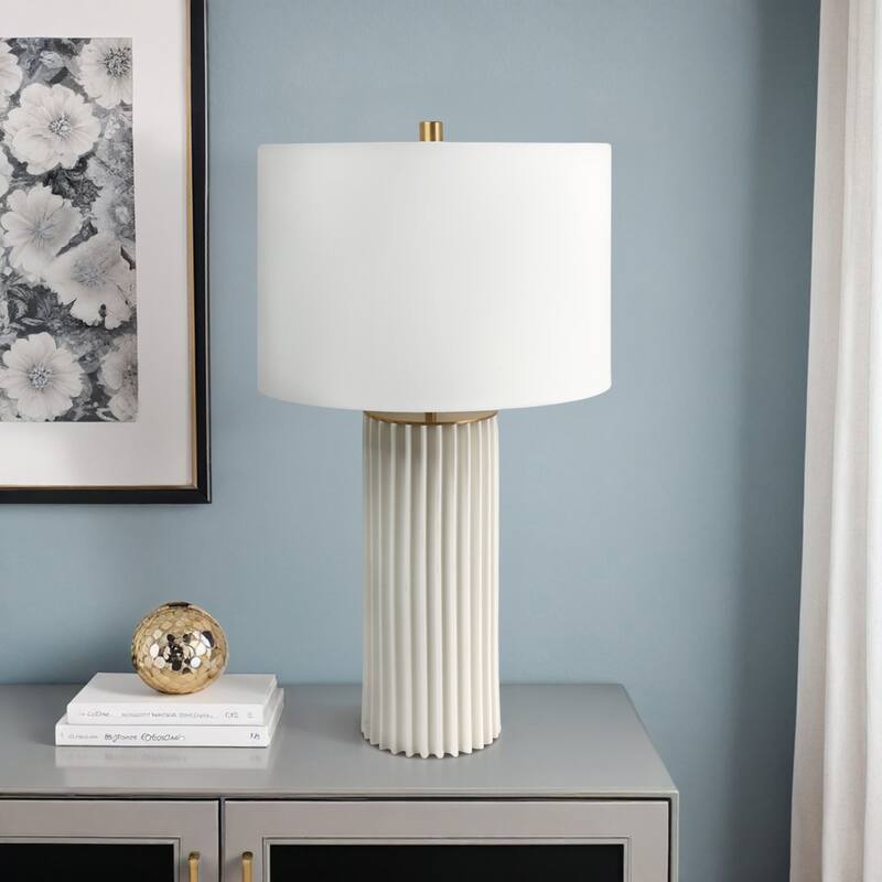 Ceramic Table Lamp Pleated Base with Fabric Drum Shade - 27" White - 15" x 15" x 27"