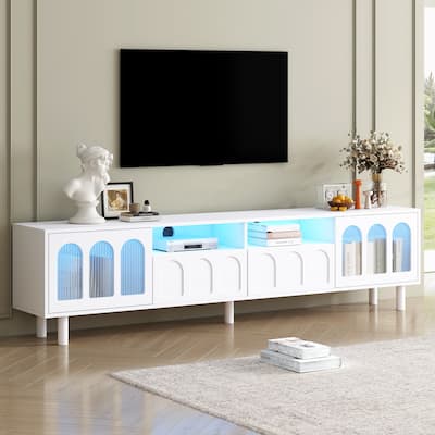 LED TV Stand for Living Room, Entertainment Center for TVs Up to 80" with Wood Legs, Storage Media Console with 2 Drawers