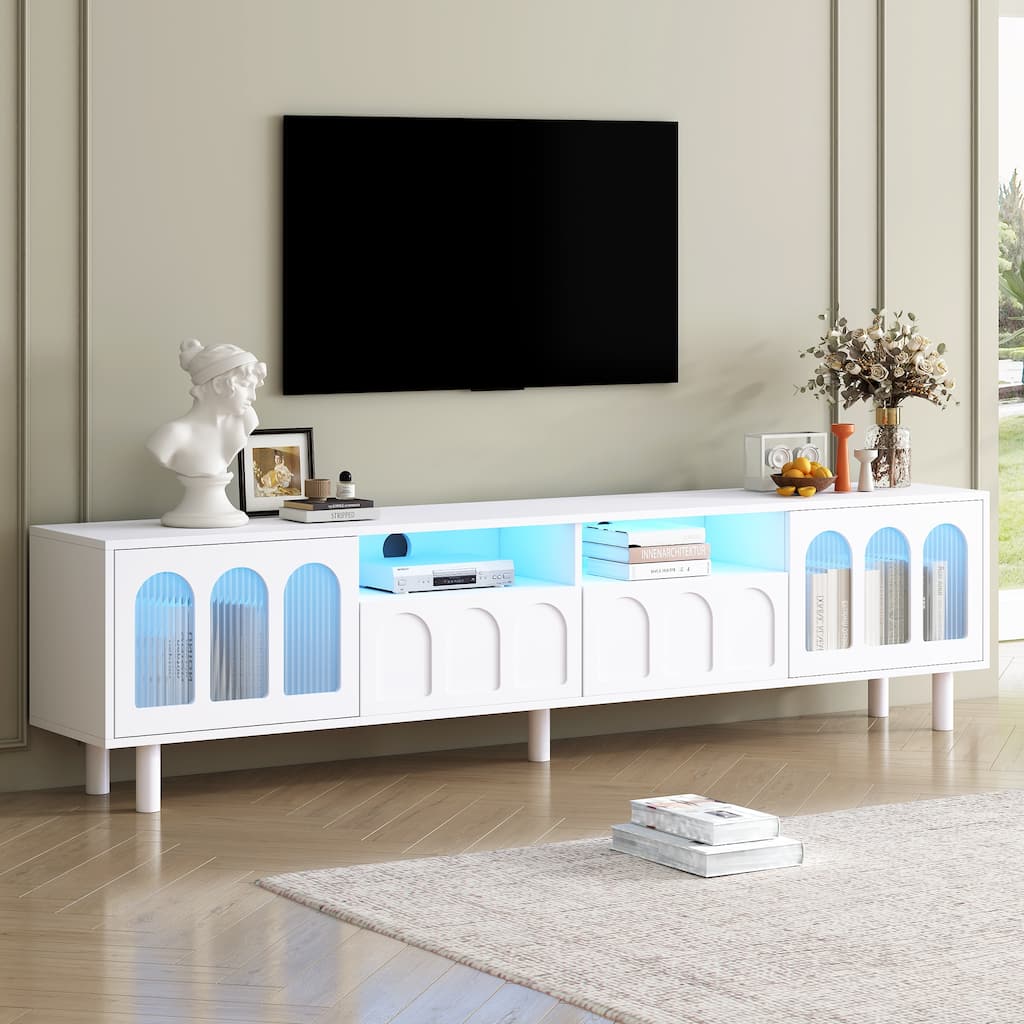 LED TV Stand for Living Room, Entertainment Center for TVs Up to 80" with Wood Legs, Storage Media Console with 2 Drawers