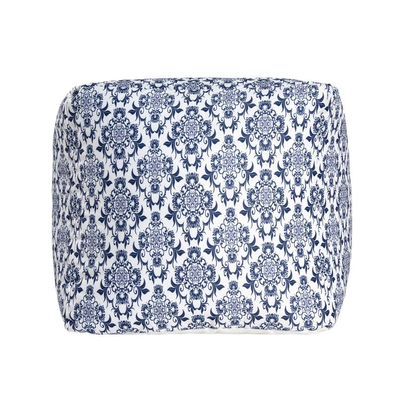 HomeRoots 18" Blue and White Upholstered Floral Pouf Ottoman