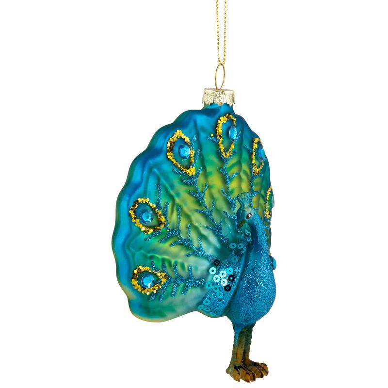 Standing Glittered Peacock Glass Christmas Ornament - 4.5" - Blue and Green