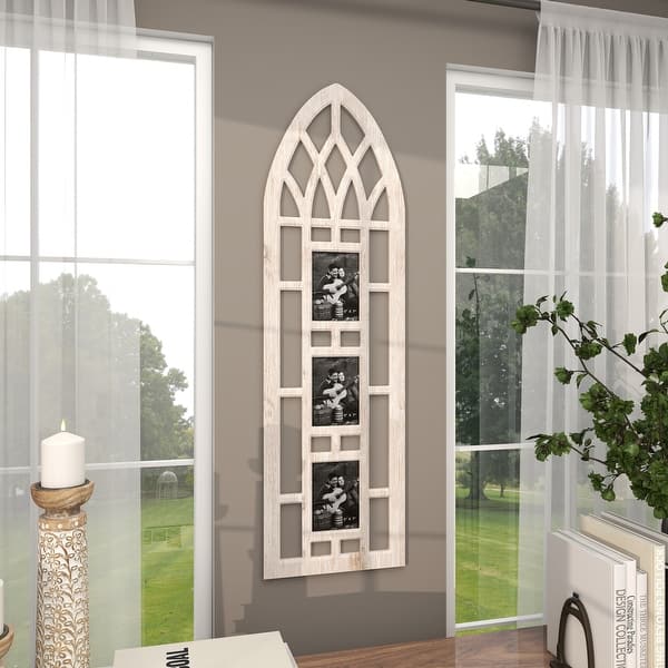 Light Brown Wooden Slim Arched Window Inspired 3 Slot Wall Photo Frame