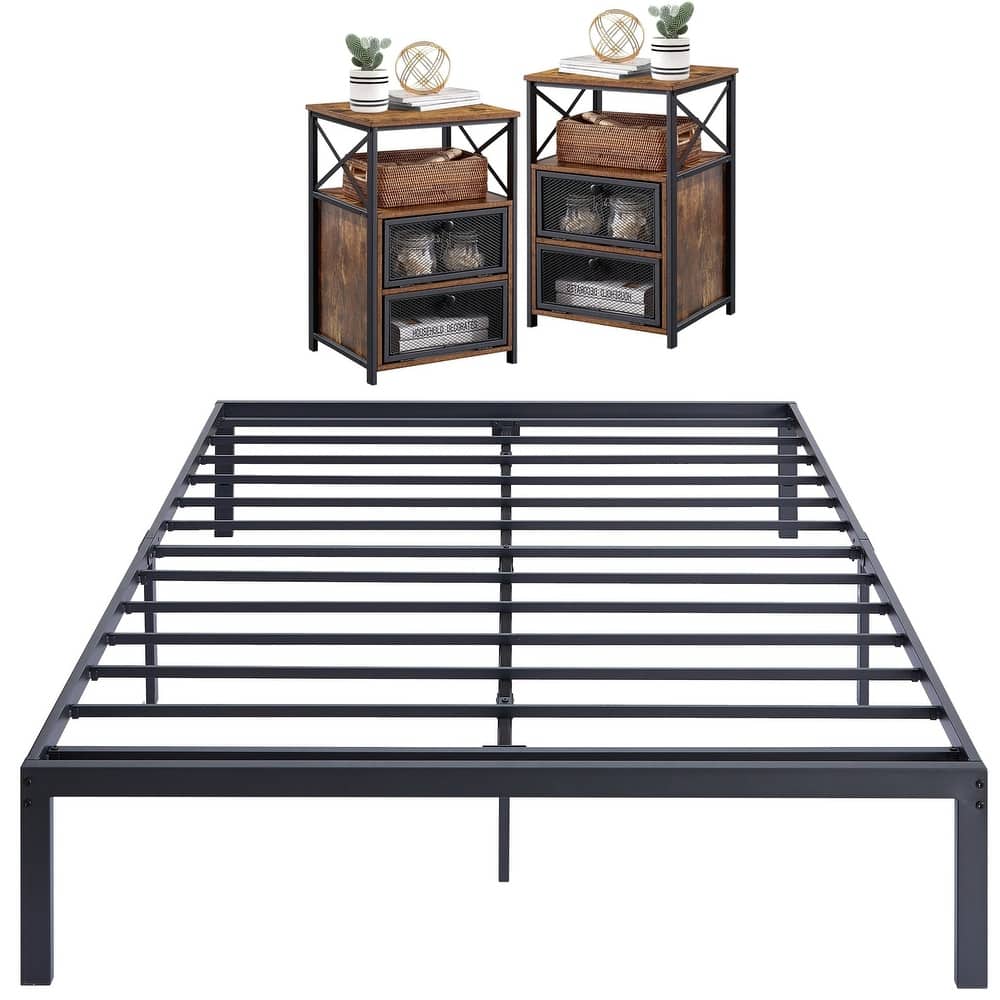 3 Piece Bedroom Set, 14.2-Inch Metal Bed Frame with Nightstand set of 2