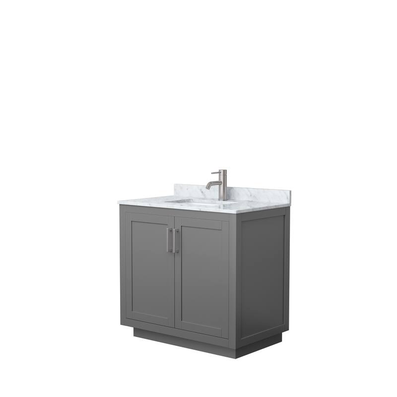 Miranda Single Vanity Set, White Carrara Marble Top, No Mirror - 36-Inch Single - Dark Gray, Nickel Trim, White Carrara Marble Top