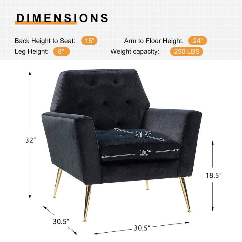 Lilia Contemporary Velvet Upholstered Tufted Back Armchair with Metal Golden legs Set of 2 by HULALA HOME