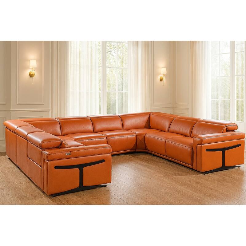 HomeRoots Camel Italian Leather Power Reclining U Shaped Eight Piece Corner Sectional With Console - Symmetrical - Camel