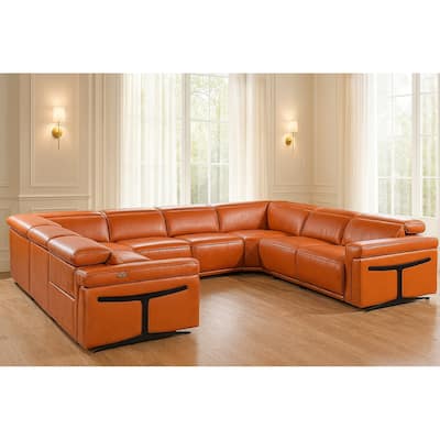 HomeRoots Camel Italian Leather Power Reclining U Shaped Eight Piece Corner Sectional With Console