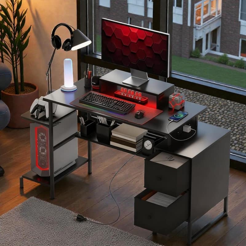Gaming Desk with Storage and LED Lights, Computer Desk with Power Outlets USB C and Monitor Shelf for Home Office