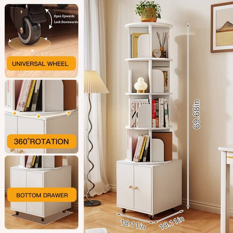 360 Degree Display 5 Tier Corner Bookshelf with Drawer, Floor Standing Bookcase Storage Rack, Wood Narrow Book Shelf Organizer