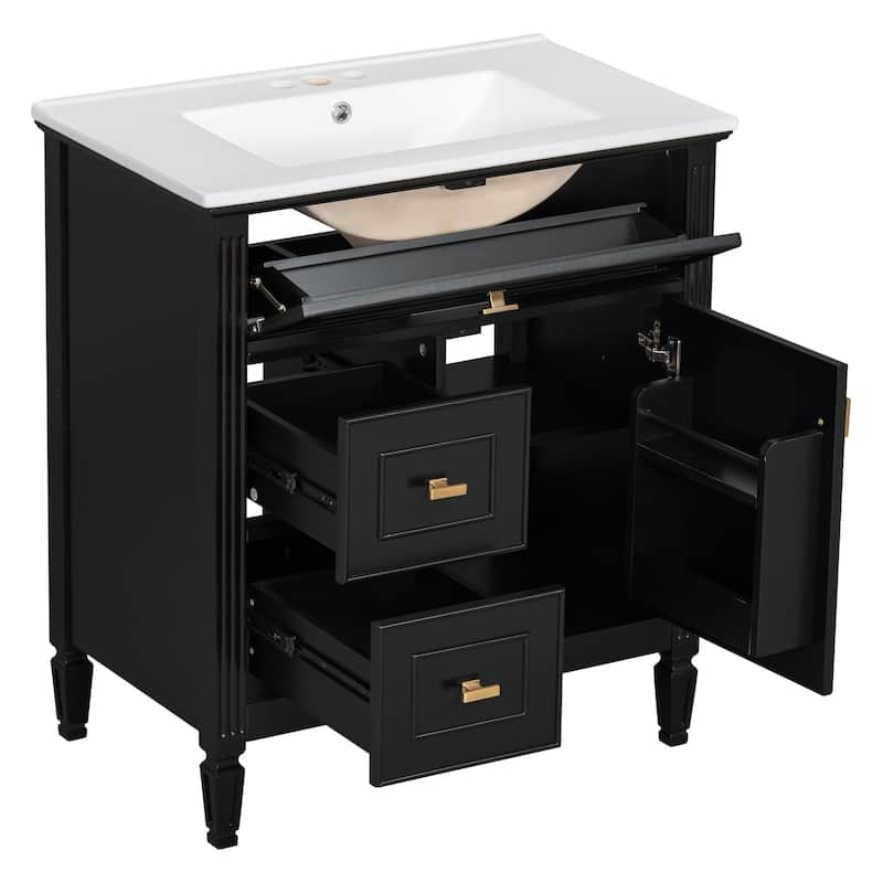 GDFStudio - Avalon 30-Inch Freestanding Bathroom Vanity with Ceramic Sink, Flip Drawer, Solid Wood & MDF Board