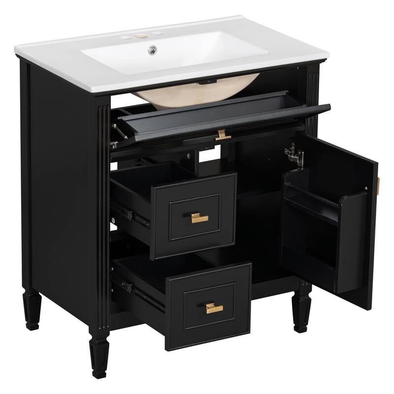 Roomfitters 30" Bathroom Vanity with Ceramic Sink, Solid Wood Frame with Flip Drawer, 2 Side Drawers & Adjustable Shelf