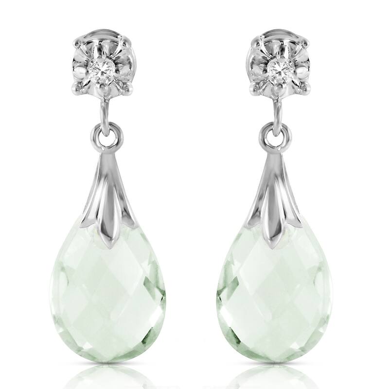 14K Solid Gold Stud Gemstone Earrings Diamond & Green Amethyst - White