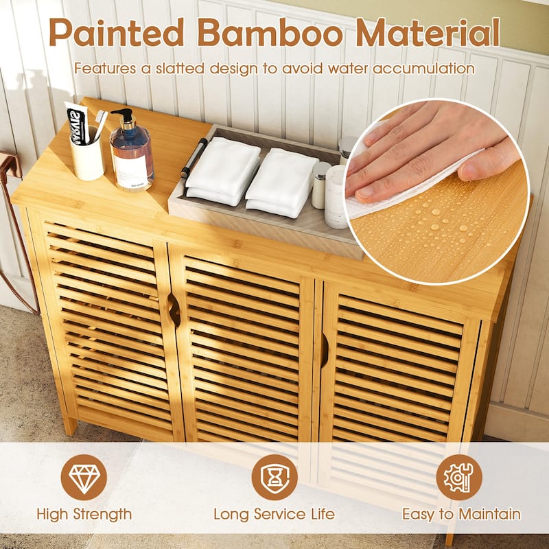 Gymax Bamboo Bathroom Cabinet 3-Door Storage Organizer w/ Shelves