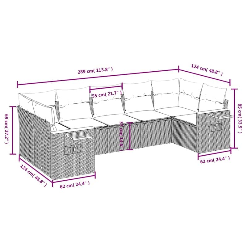 vidaXL Patio Sofa Set with Cushions Outdoor Furniture 7 Piece Poly Rattan - 24.4 x 33.5 x 27.2 in