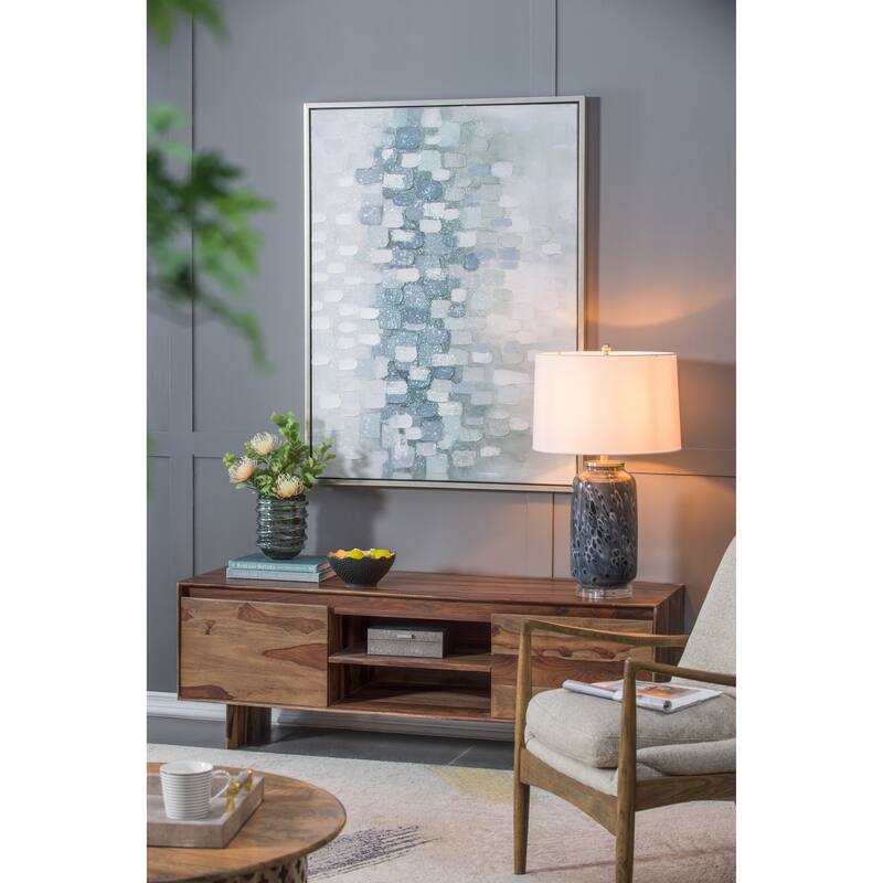 Ellis Blue Glass Table Lamp with Linen Shade Coastal Modern Living Room Decor 16.9x28 Inches