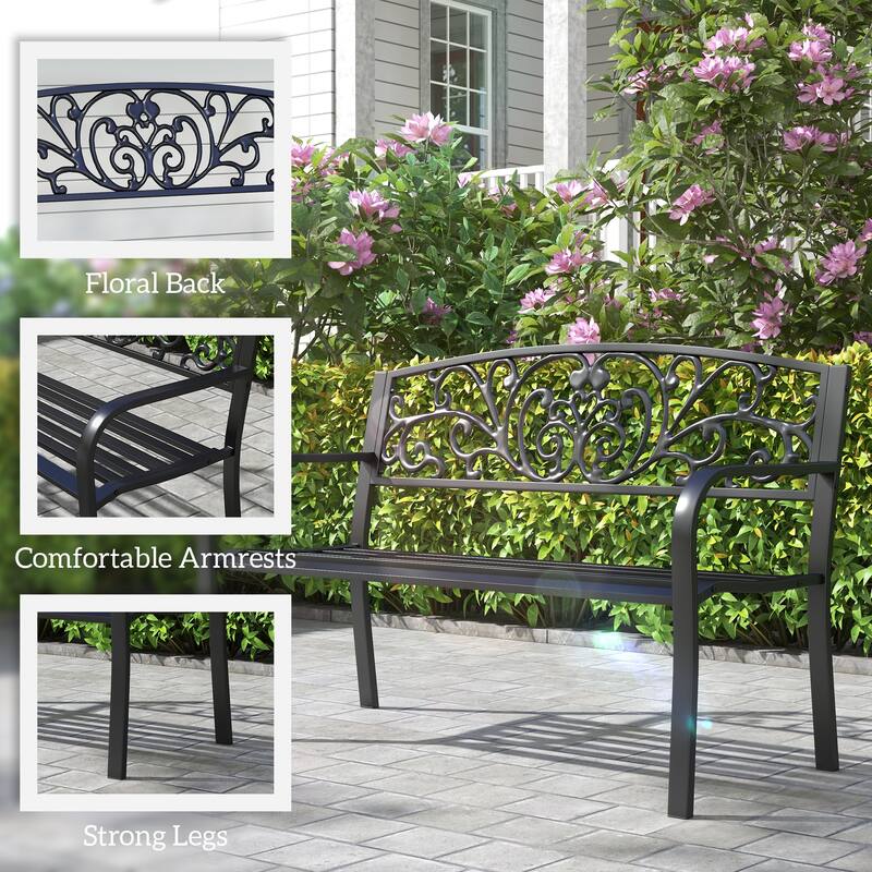 Outsunny 50" Blossoming Pattern Garden Decorative Patio Park Bench with Beautiful Design & Seats for 3 People