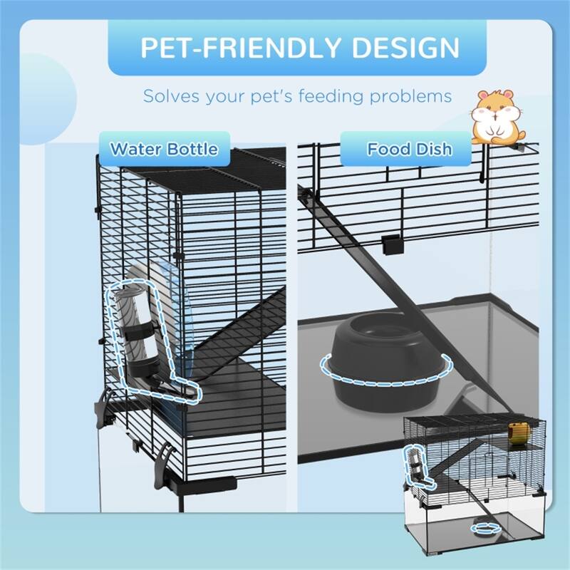 Black-Transparent Hamster Cage with Steel Frame, Glass Base and Accessories - 23.5" L x 15.75" W x 21.5" H