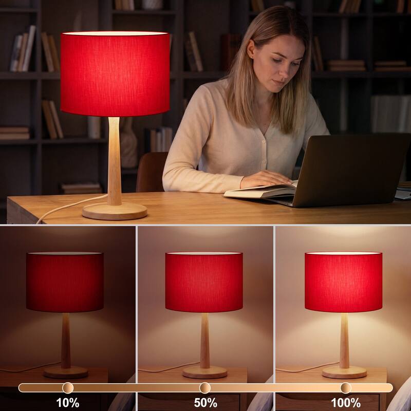 16.3" Modern Table Lamp with Natural Wood Base, Linen Fabric Drum Shade for Bedroom, Living Room, Nightstand