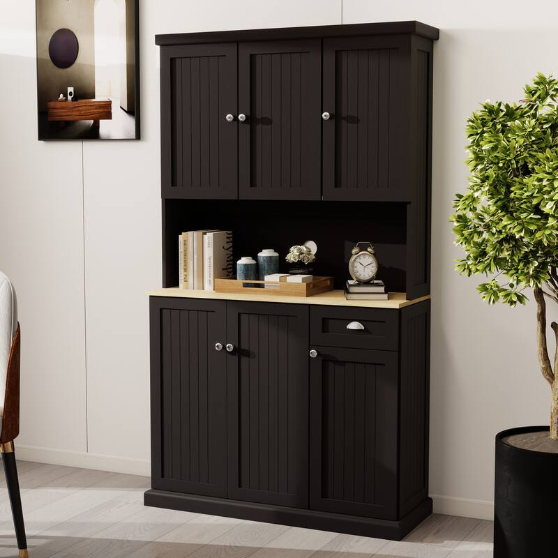 Kitchen Pantry with Microwave Oven Countertop, Hutch Cabinet with Adjustable Shelves, Storage Cabinet with 6 Doors and 1 Drawer - Black