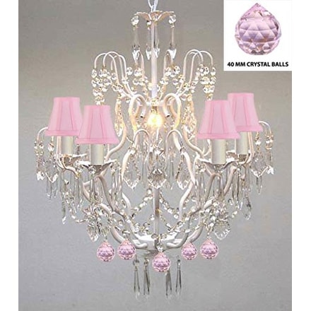 Authentic Empress Crystal (TM) Wrought Iron Chandelier With Pink Crystal Balls and Shades