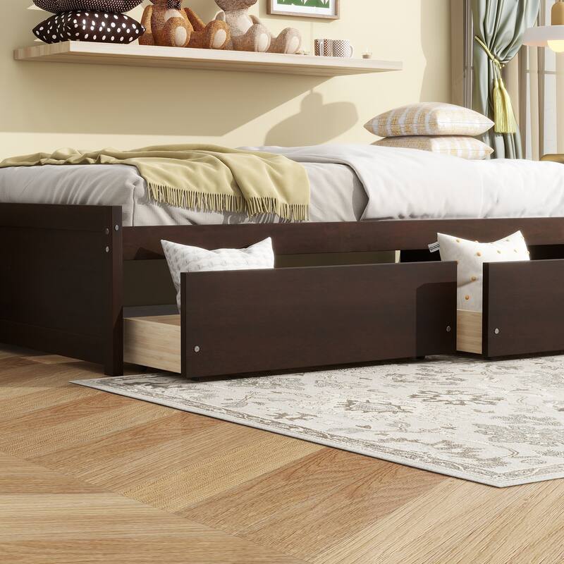 Twin Size Storage Bed with 2 Drawers Solid Rubber Wood Platform Bed, No Headboard