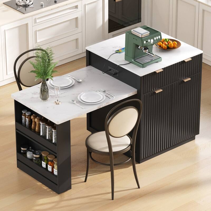 82.6" Fluted Kitchen Island with Extendable Dining Table and Power Outlet for Modern Kitchen Spaces