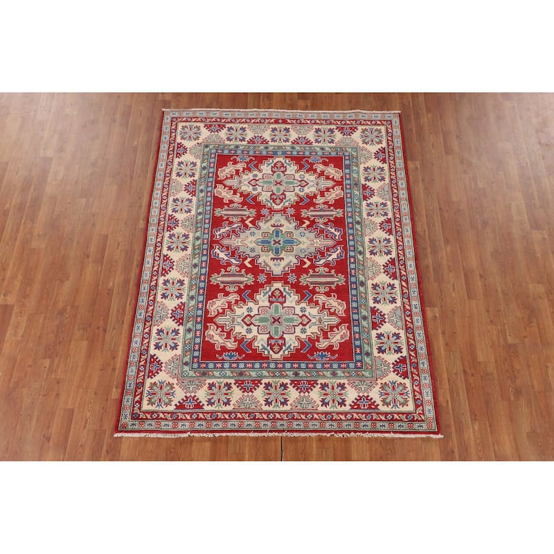 Traditional Kazak Rug Handmade Red Wool Carpet - 5'1" x 6'9"