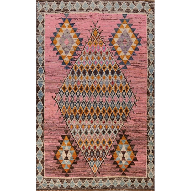 Pink Geometric Moroccan Area Rug Hand-Knotted Wool Carpet - 6'7" x 10'3"