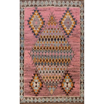 Pink Geometric Moroccan Area Rug Hand-Knotted Wool Carpet - 6'7" x 10'3"