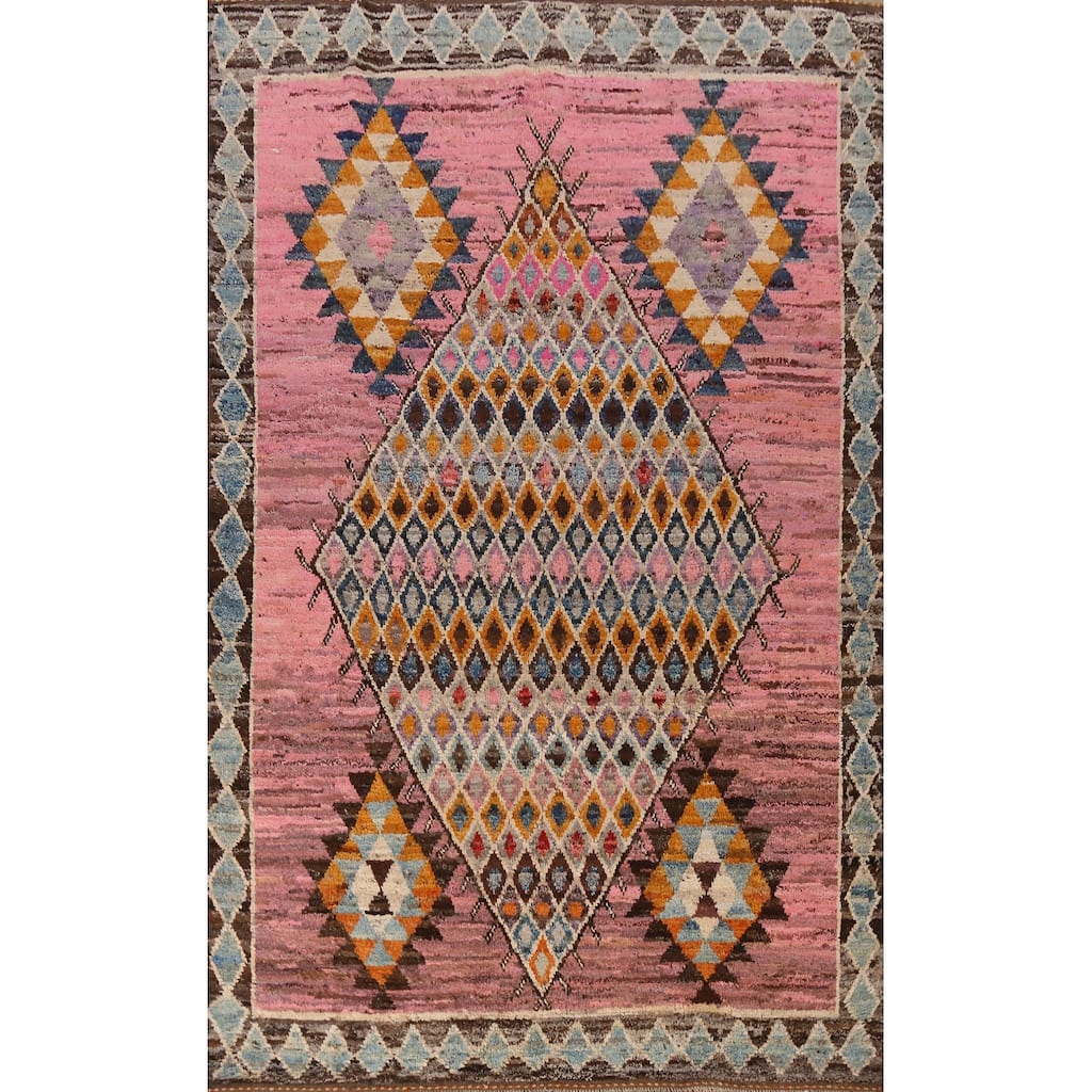 Pink Geometric Moroccan Area Rug Hand-Knotted Wool Carpet - 6'7" x 10'3"