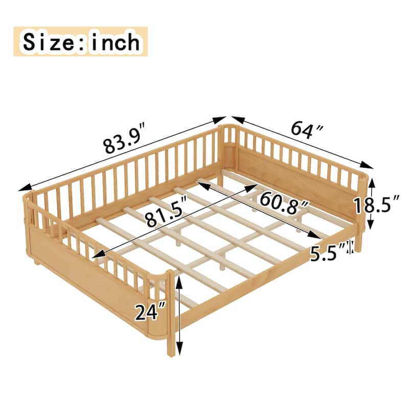 Multi Size Low Platform Bed for Kids with Rounded Corners Guardrails, Detachable Right-side Fence and Open Left-side Design