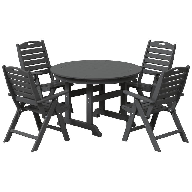 Polytrends Laguna 5-Piece Round Table Folding Highback Chair Dining Set - Gray
