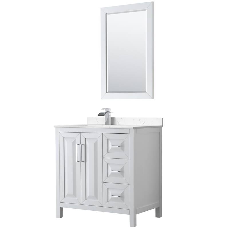 Daria 36-inch Single Vanity, Cultured Marble Top, 24-inch Mirror - White, Chrome Trim, Carrara Cultured Marble Top