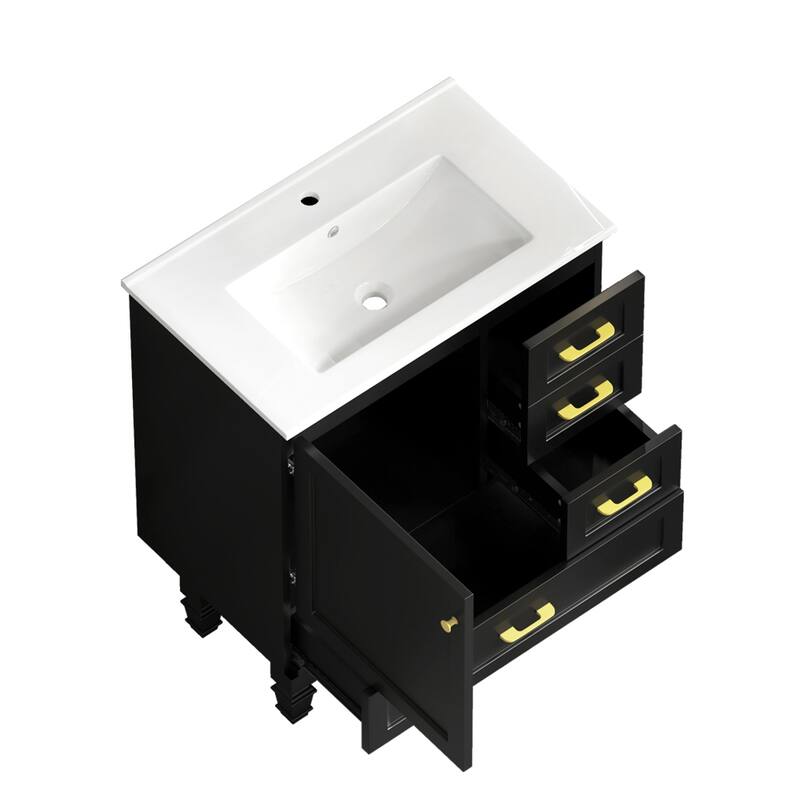 Bathroom Vanity with Ceramic Sink, Wooden Bathroom Storage Cabinet, Bathroom Cabinet with Soft Close Doors & 3 Drawers
