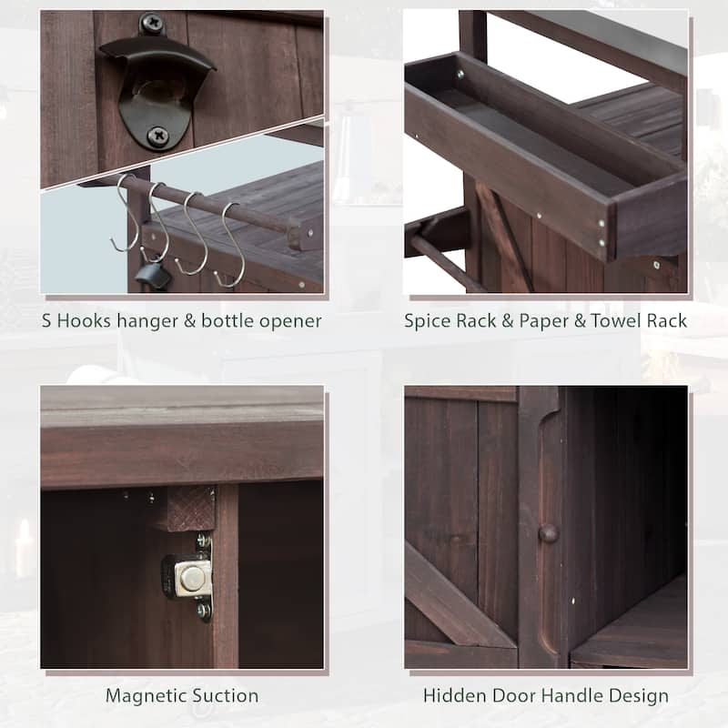Outdoor Kitchen Island, Rolling Bar Cart & Storage Cabinet, Farmhouse Outdoor Grill Table with Stainless Steel Top & Towel Rack