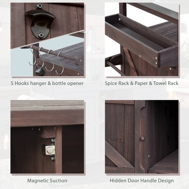 Stainless Steel Top Kitchen Island on Wheels, Outdoor Kitchen Cart, Dark Brown Solid Wood Storage Cabinet with Removable Shelfs