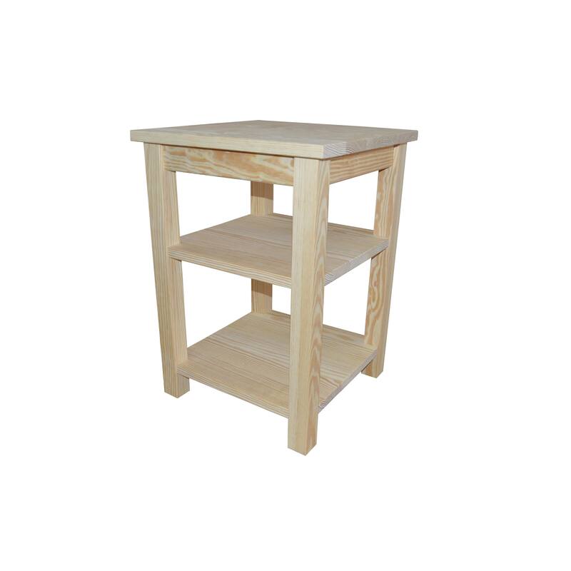 Solid Pine Night Stand with 2 Shelves - Unfinished