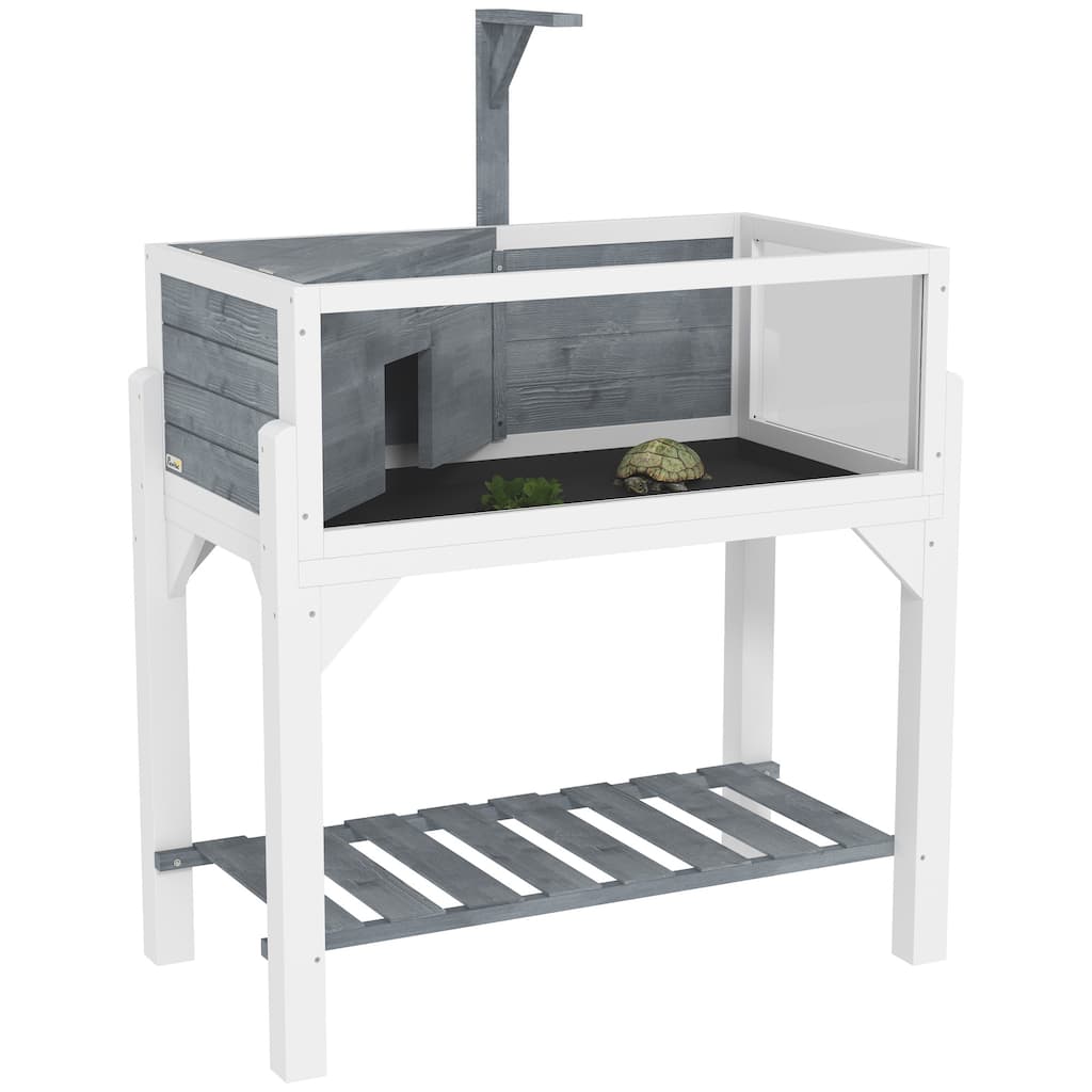 PawHut Tortoise Habitat with Storage Shelf, Wooden Tortoise Enclosure with Clear Windows, Lamp Holder, Openable Top