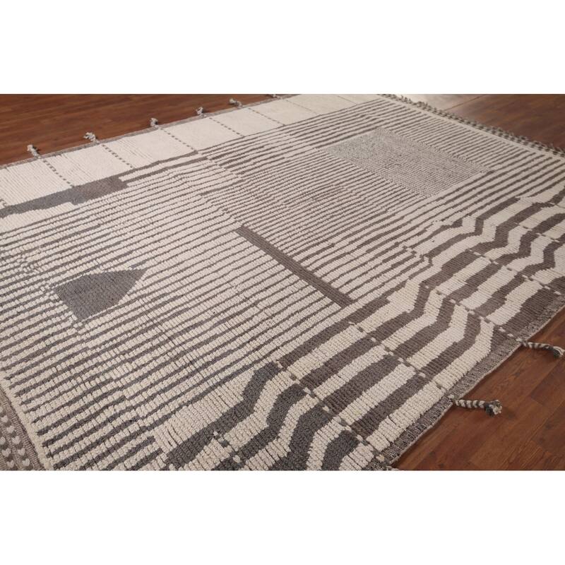 Striped Moroccan Oriental Area Rug Hand-Knotted Wool Carpet - 7'11"x 10'8"