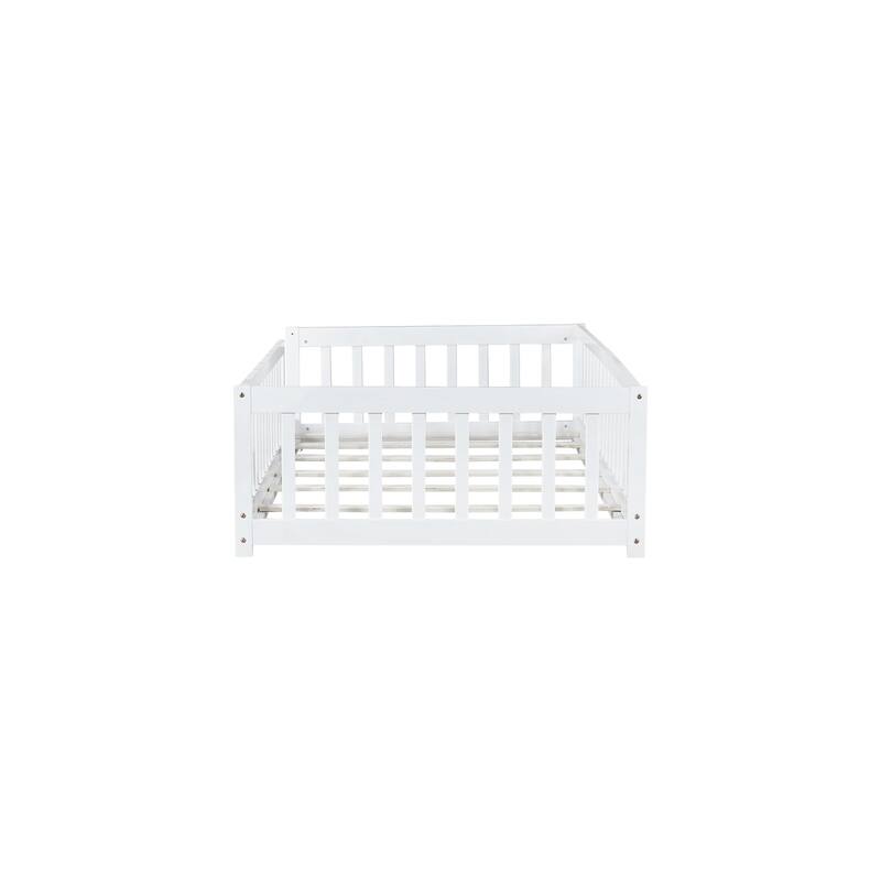 Twin Size Floor Bed with Fence without Door, Rubber Wood Floor Bed with Safety Guardrails