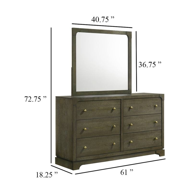 Seon Wide Dresser with Mirror, 6 Drawers, Cocoa Brown, Brass Knobs