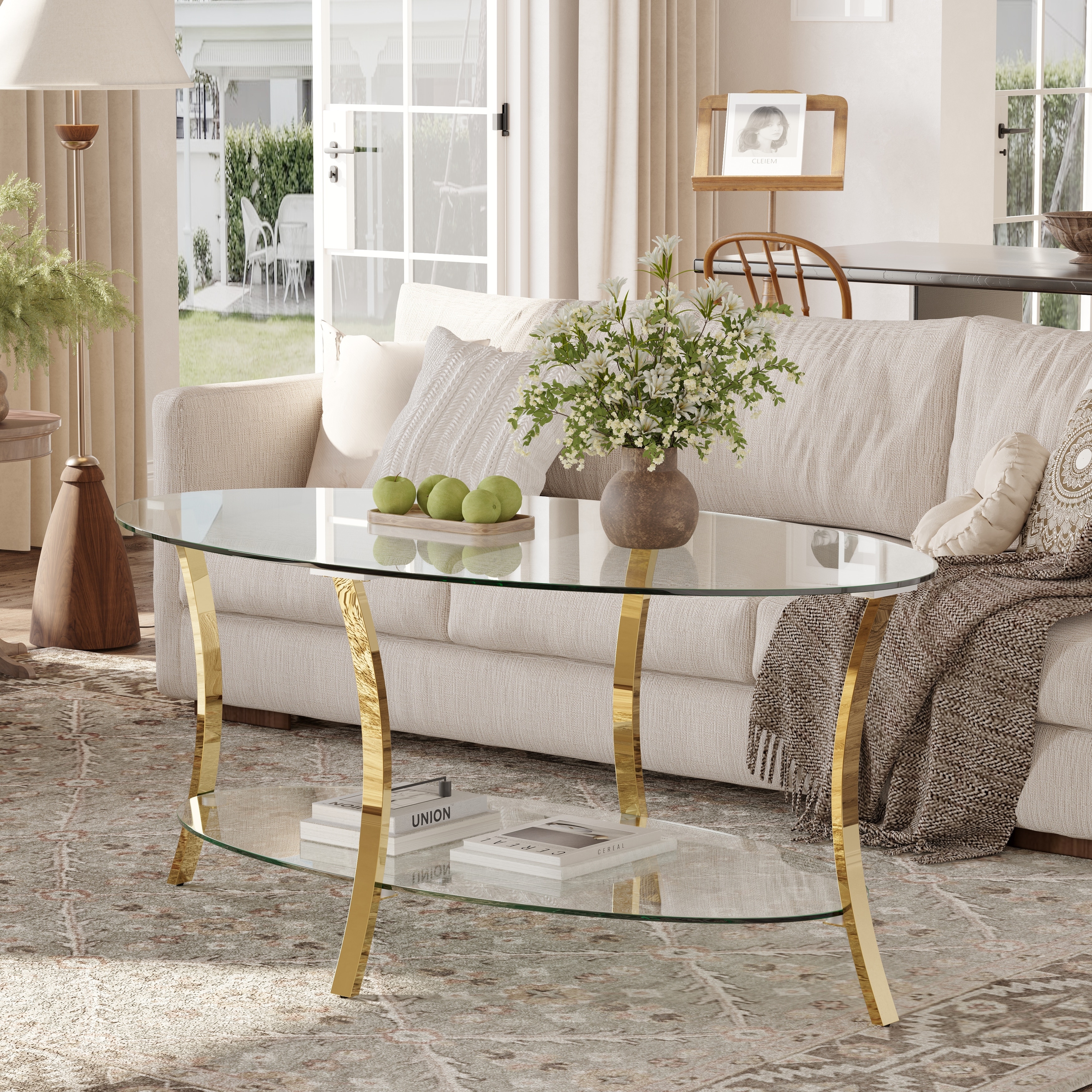 43.3"Modern Oval Glass Coffee Table with Metal Legs,Transparent Tempered Glass,Double Glass Layer Storage