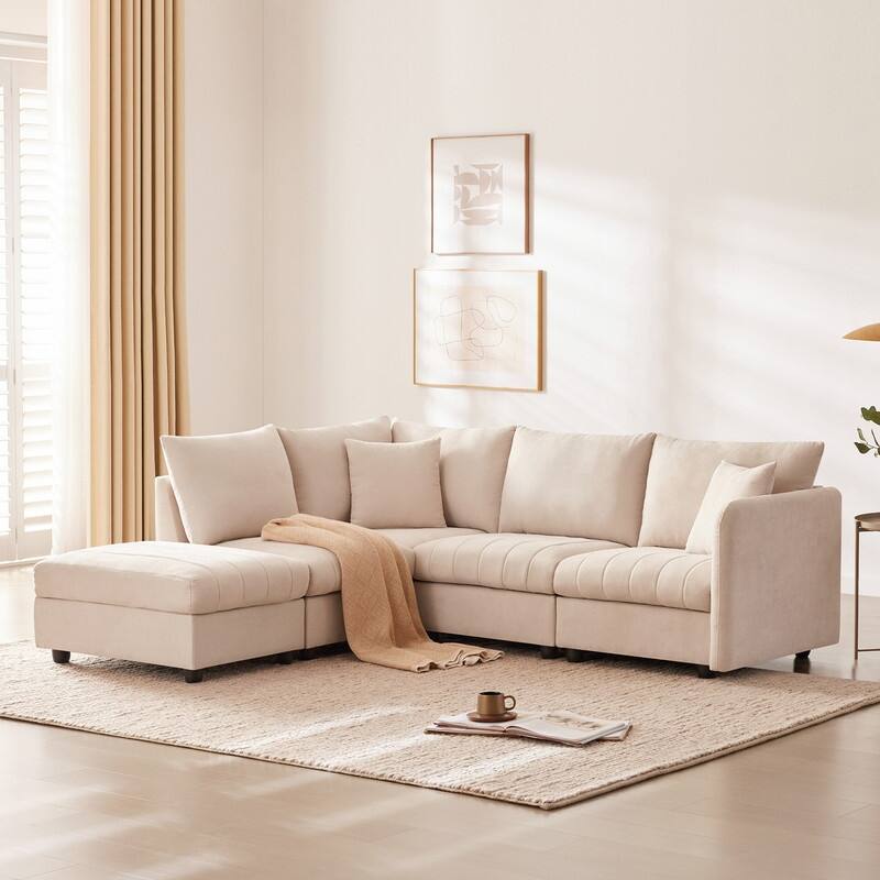 89x79" Modern Sectional Sofa with Convertible Ottoman,Living Room Couches L Shape Sofa with 2 Pillows - Beige