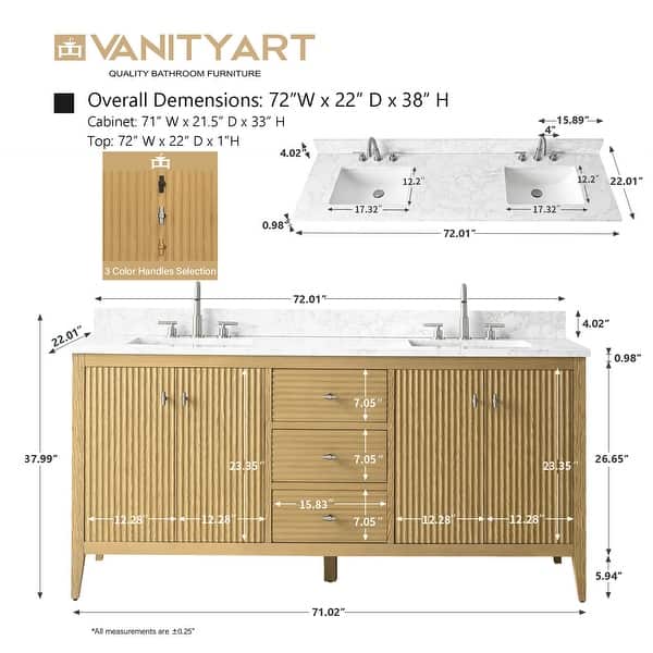 dimension image slide 7 of 10, Vanity Art 72" Double Sink Bathroom Vanity Cabinet with Engineered Marble Top