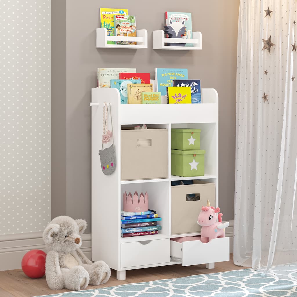 RiverRidge Kids Book Nook Cubby Toy and Art Storage Cabinet with Bookshelf, Drawers - White with 2 10" Floating Bookshelves