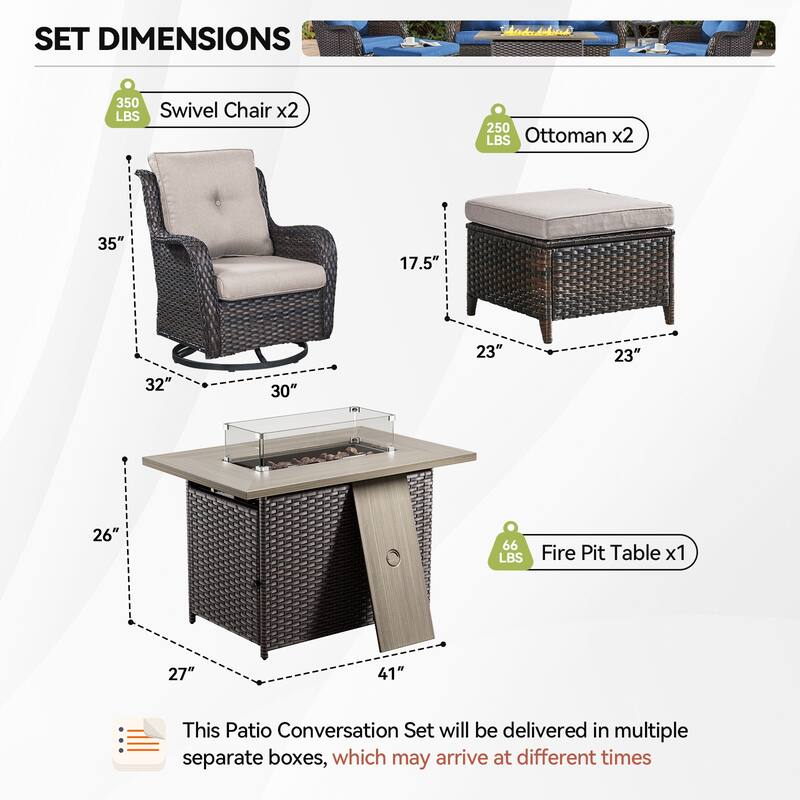 Fire Pit Table with Patio Glider Chairs Ottomans