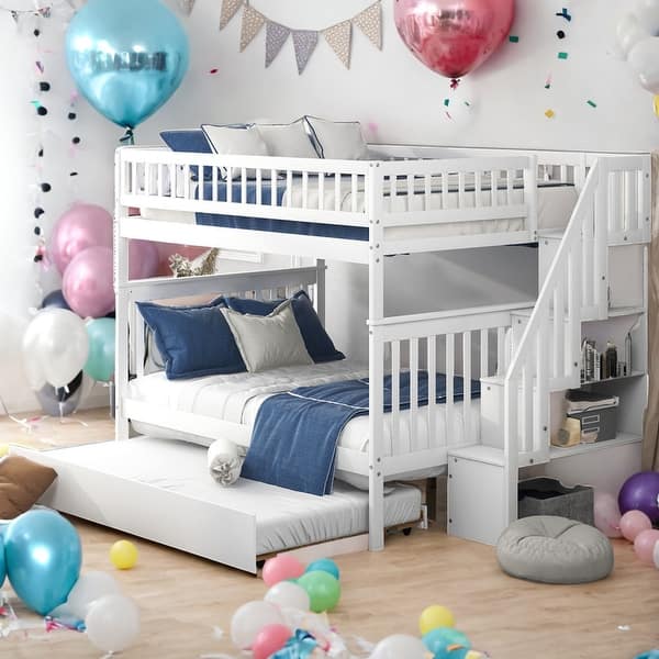 slide 2 of 28, 3 Beds In 1 Full Over Full Bunk Bed With Trundle And Staircase,Optimize Storage Space for Bedroom White