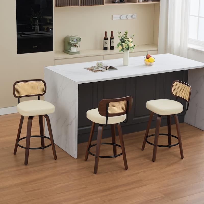Set of 3 Counter Height Bar Stools - Rattan Counter Height Stools with Cane Back, Upholstered Seat, Swivel Counter Stools
