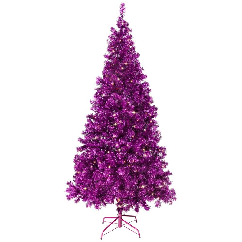Pre-Lit Artificial Tinsel Christmas Tree - 7' - Purple - Clear Lights - 7 Foot