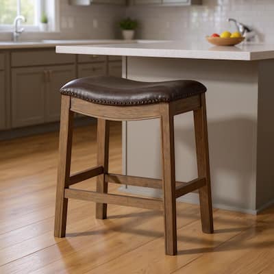 HomeRoots 26" Brown Faux Leather and Solid Wood Backless Counter Height Bar Chair